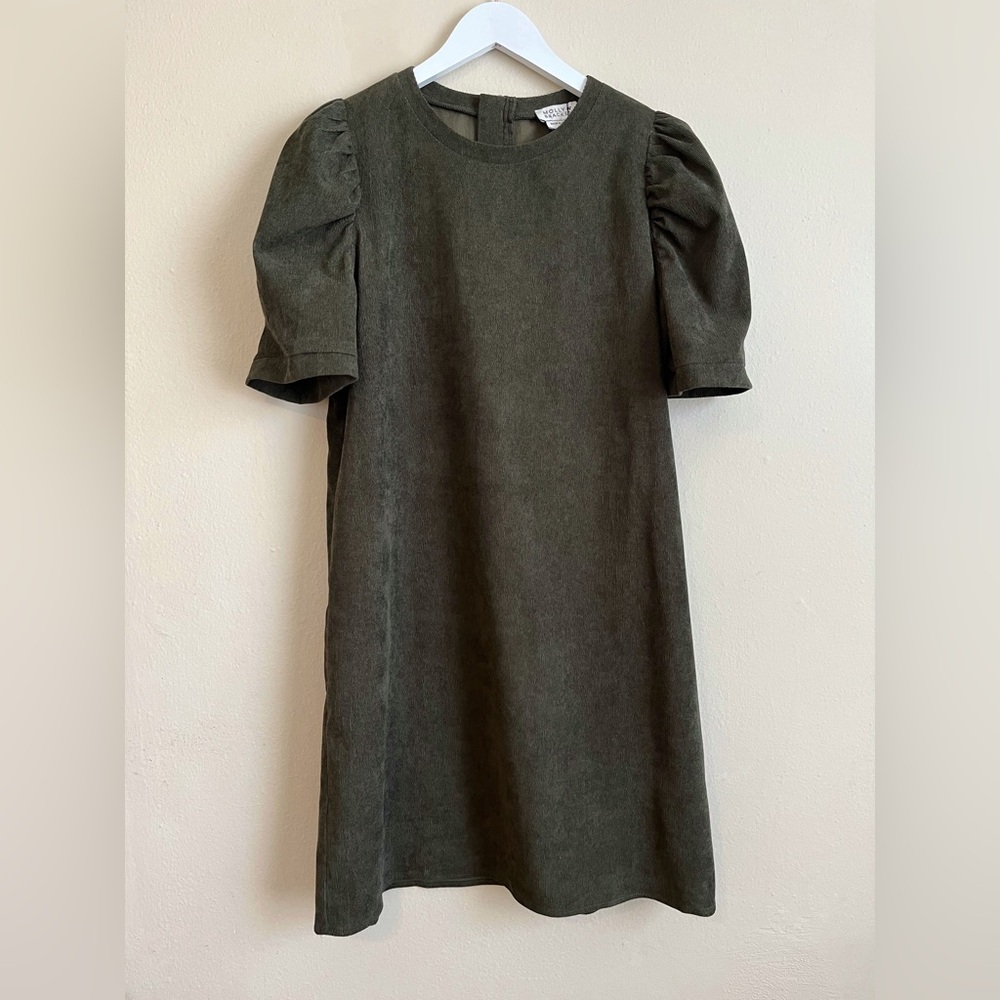 NWT Molly Bracken Olive Corduroy Puff Sleeve Dress